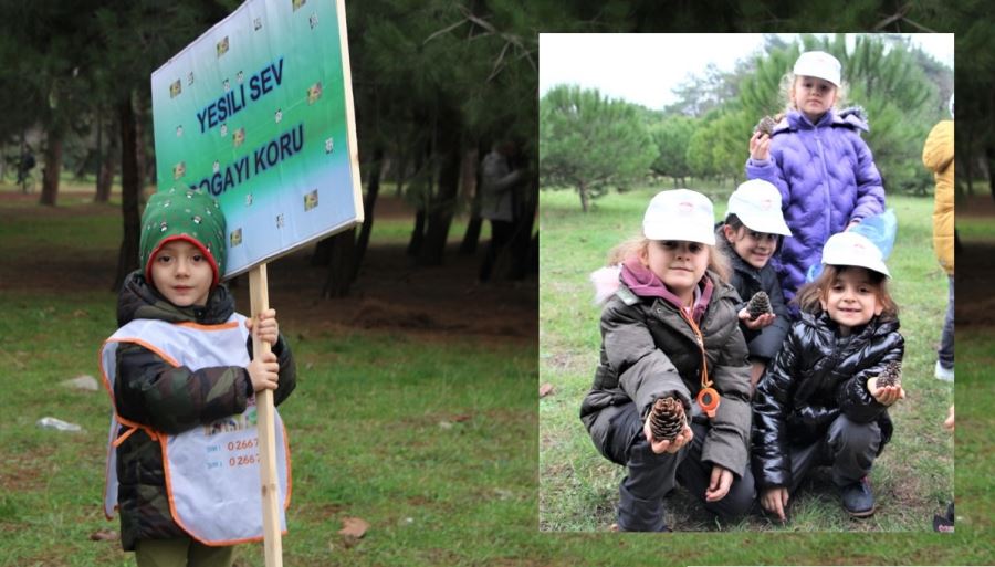  Çocuklarda doğa bilinci oluşması için kozalak ve palamut topladı