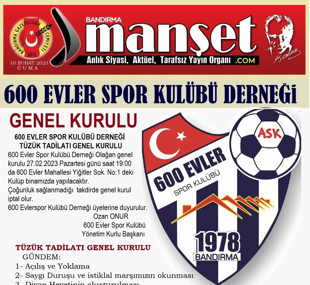 600 Evler spor kulübü genel kurul ilanı